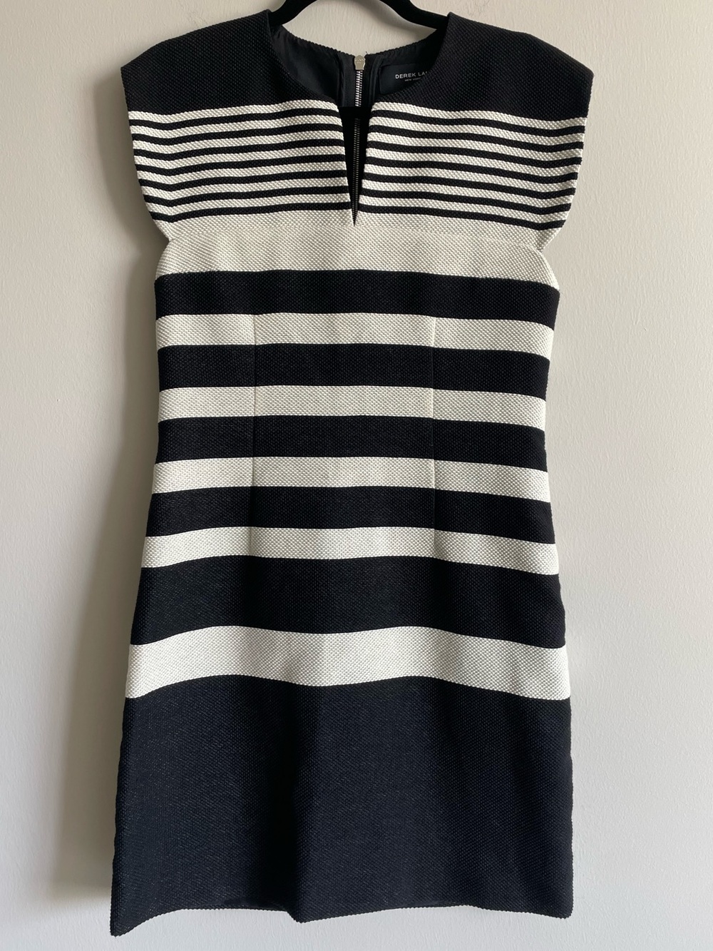 Derek Lam Shift Dress Black White Stripe Woven Textured Silk Professional Work 6